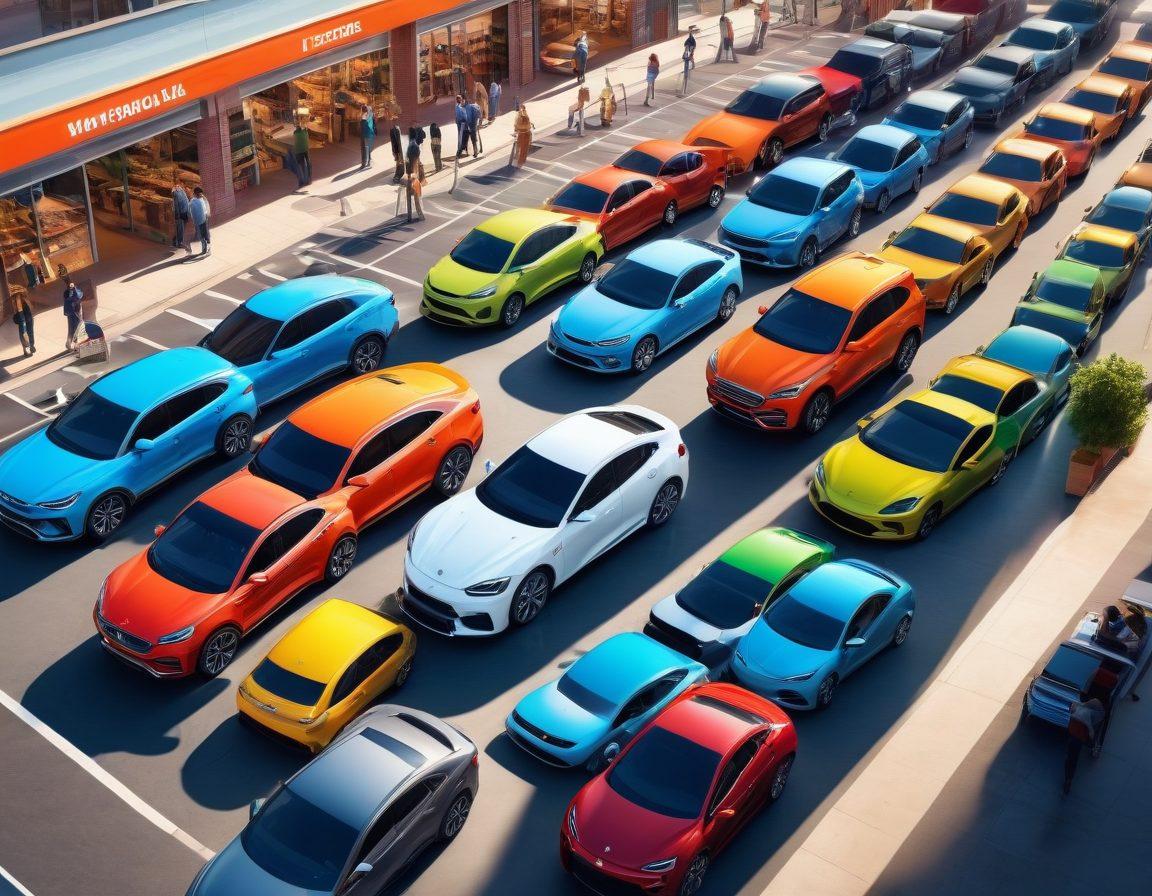 A detailed top-down view of a busy auto market with various vehicles on display, including sedans, SUVs, and electric cars. An expert guide, depicted as a friendly figure holding a tablet, points towards one of the cars while engaged customers look on curiously. Include signage with tips and price tags hanging from the cars, creating an informative atmosphere. Bright daylight casts shadows, adding depth to the scene. vibrant colors. super-realistic.