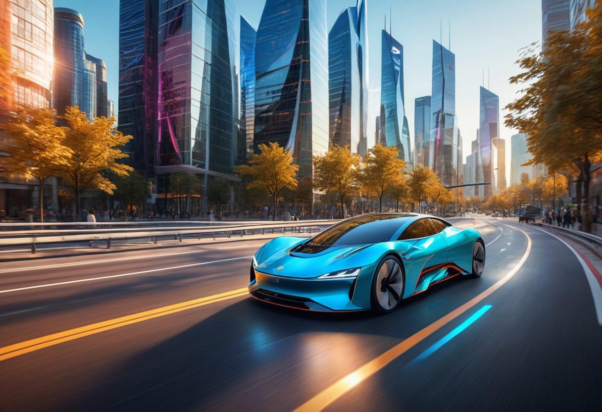 A sleek, futuristic car speeding down a winding road, surrounded by dynamic digital elements representing automotive technology and trends. In the background, a vibrant city skyline showcases electric charging stations and autonomous vehicles. Infographic-style overlays present key trends and statistics in an engaging way. Use bright, eye-catching colors. super-realistic. vibrant colors. 3D.