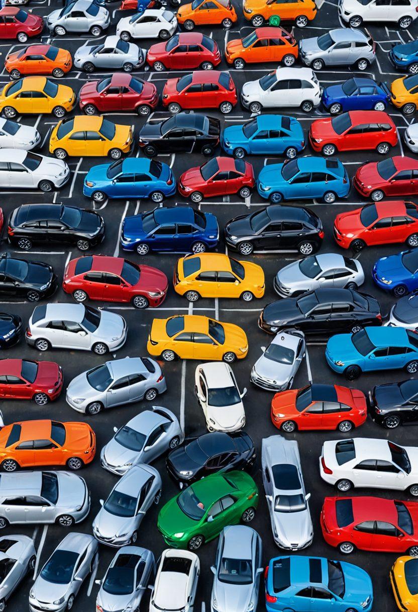 A colorful, informative collage featuring a new car showroom on one side and a used car lot on the other. In the center, a person is contemplating choices with a checklist in hand, surrounded by car outlines representing various models. Include price tags, technology icons, and road signs indicating directions. The background showcases a sunny sky with clouds. vibrant colors. super-realistic.